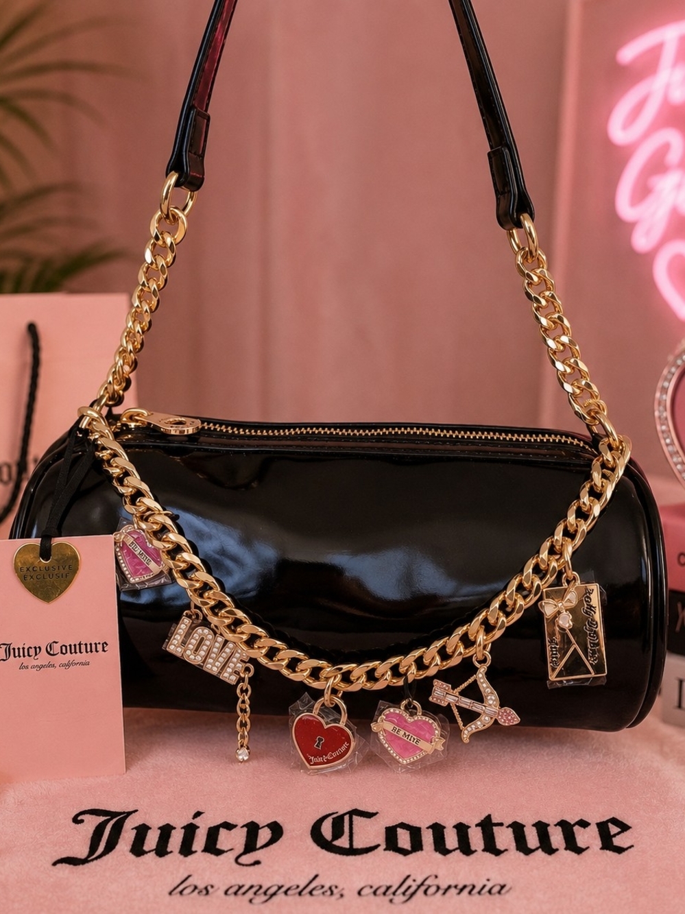 NWT Juicy Couture Black Patent Charm Shoulder Bag | Y2K Gold Chain Purse